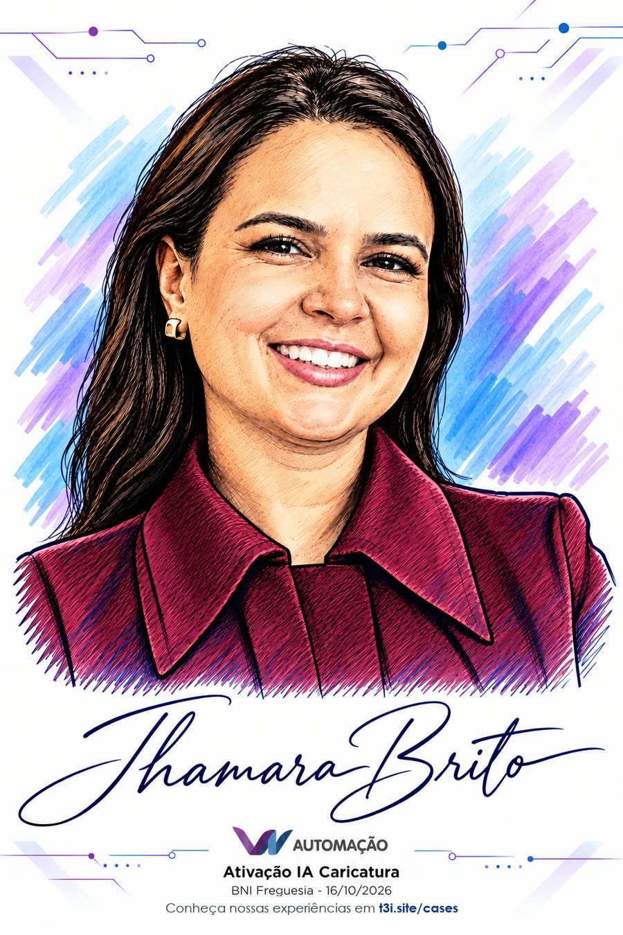 Caricatura colorida impressa em A5, assinada com o nome da convidada