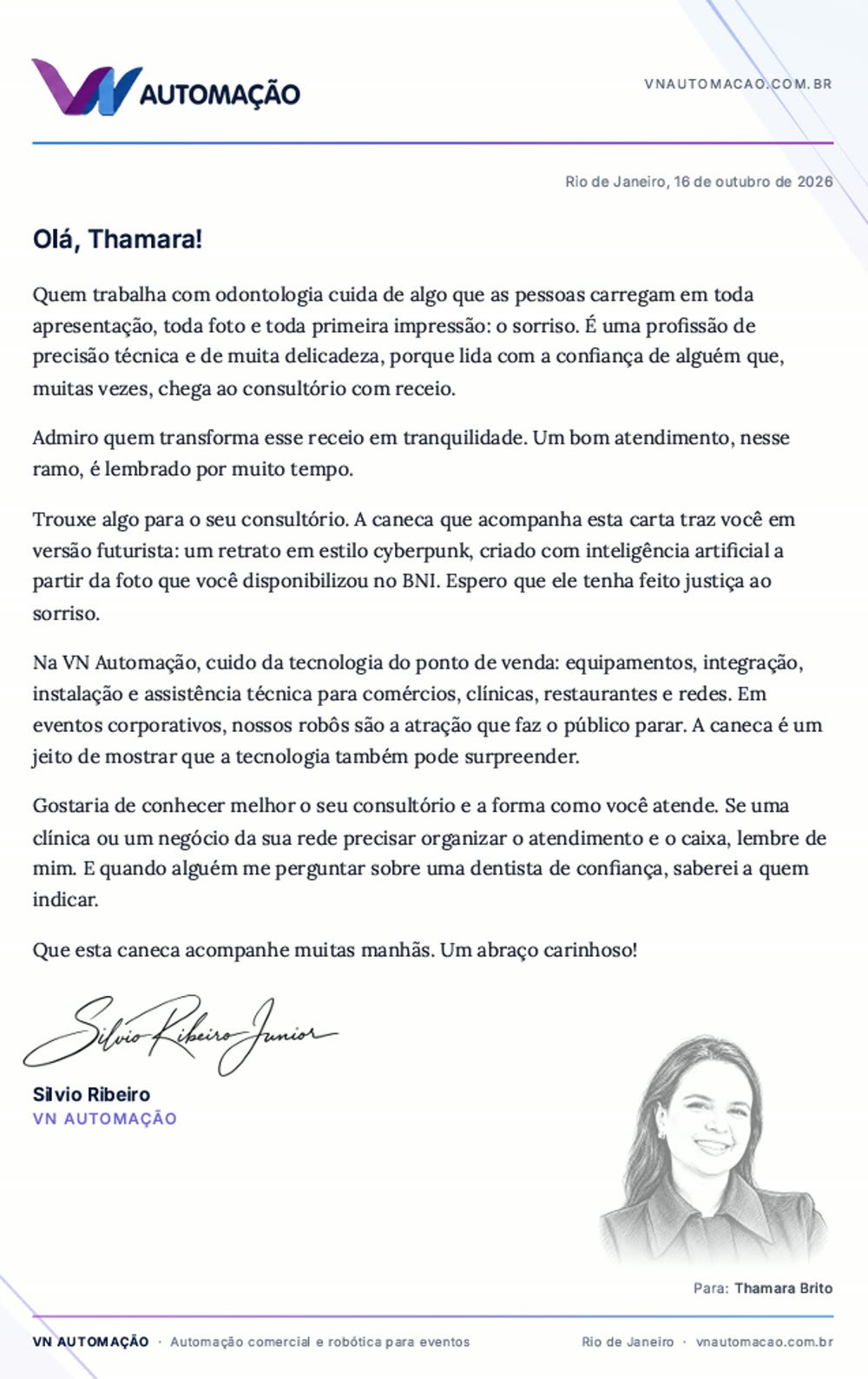 Carta impressa com texto escrito sobre a profissão da convidada e a caricatura em marca d'água