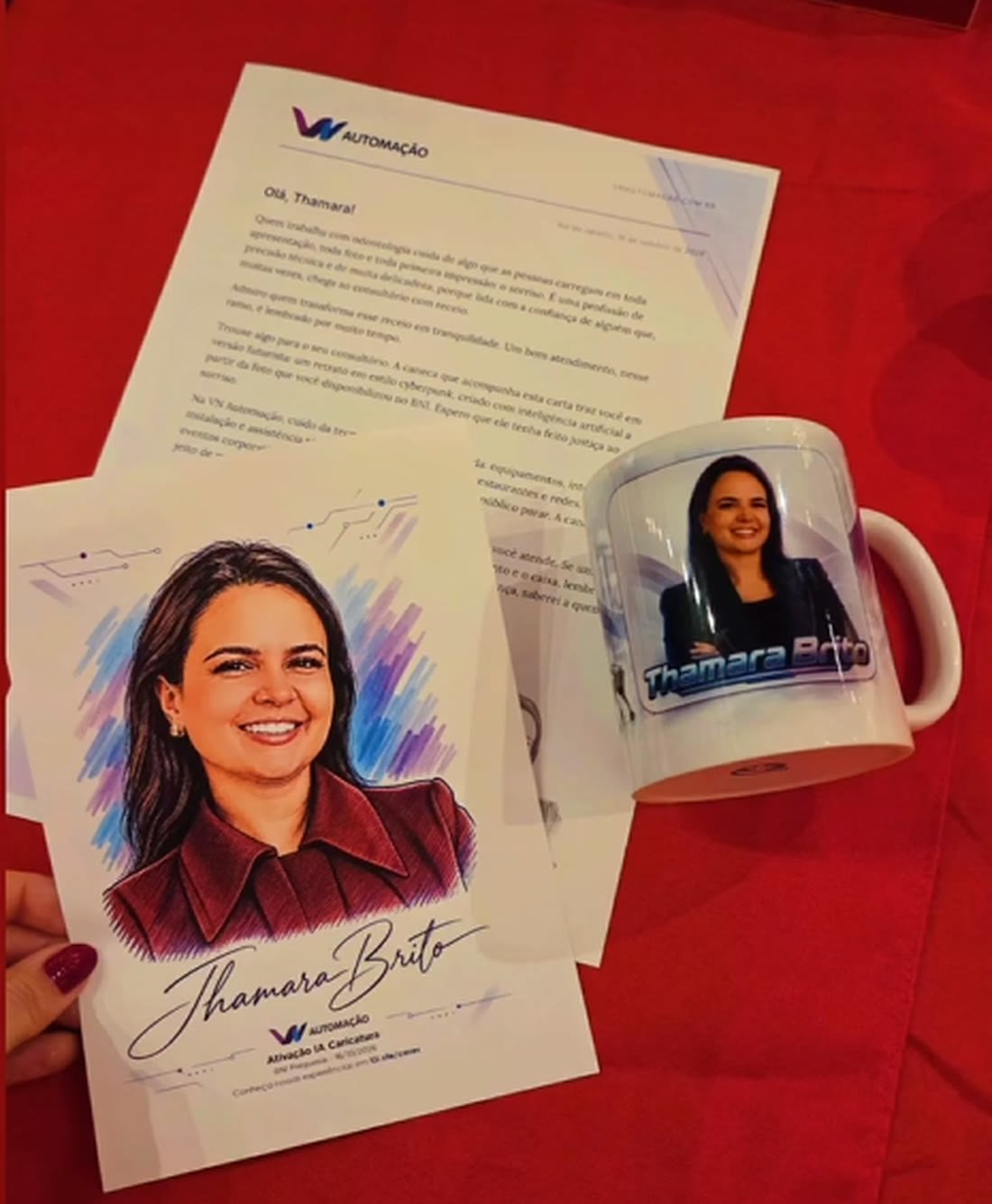 Kit entregue a uma convidada: carta impressa, caricatura colorida em A5 e caneca com retrato em estilo cyberpunk
