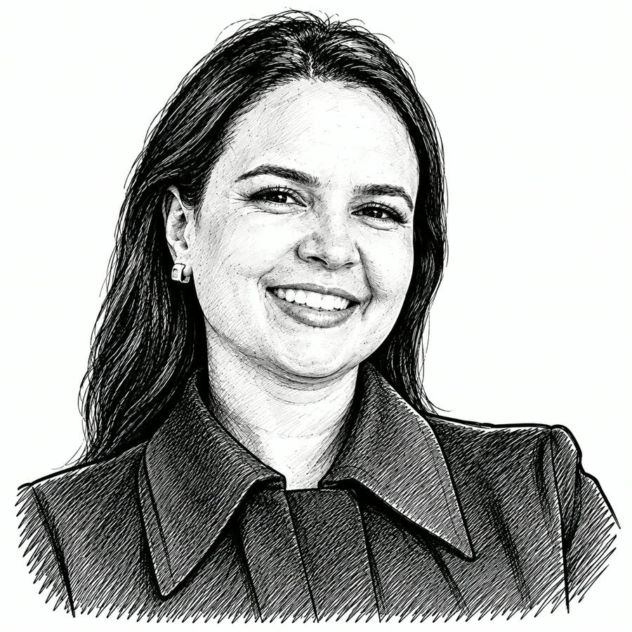 Caricatura em traço preto e branco gerada a partir da foto de perfil, usada em marca d'água na carta