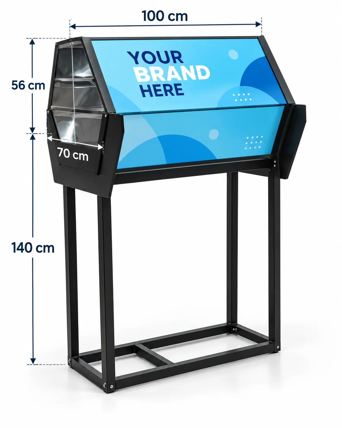 Kaleidoscope with its dimensions: 100 cm long, 70 cm opening, 140 cm base and 56 cm body