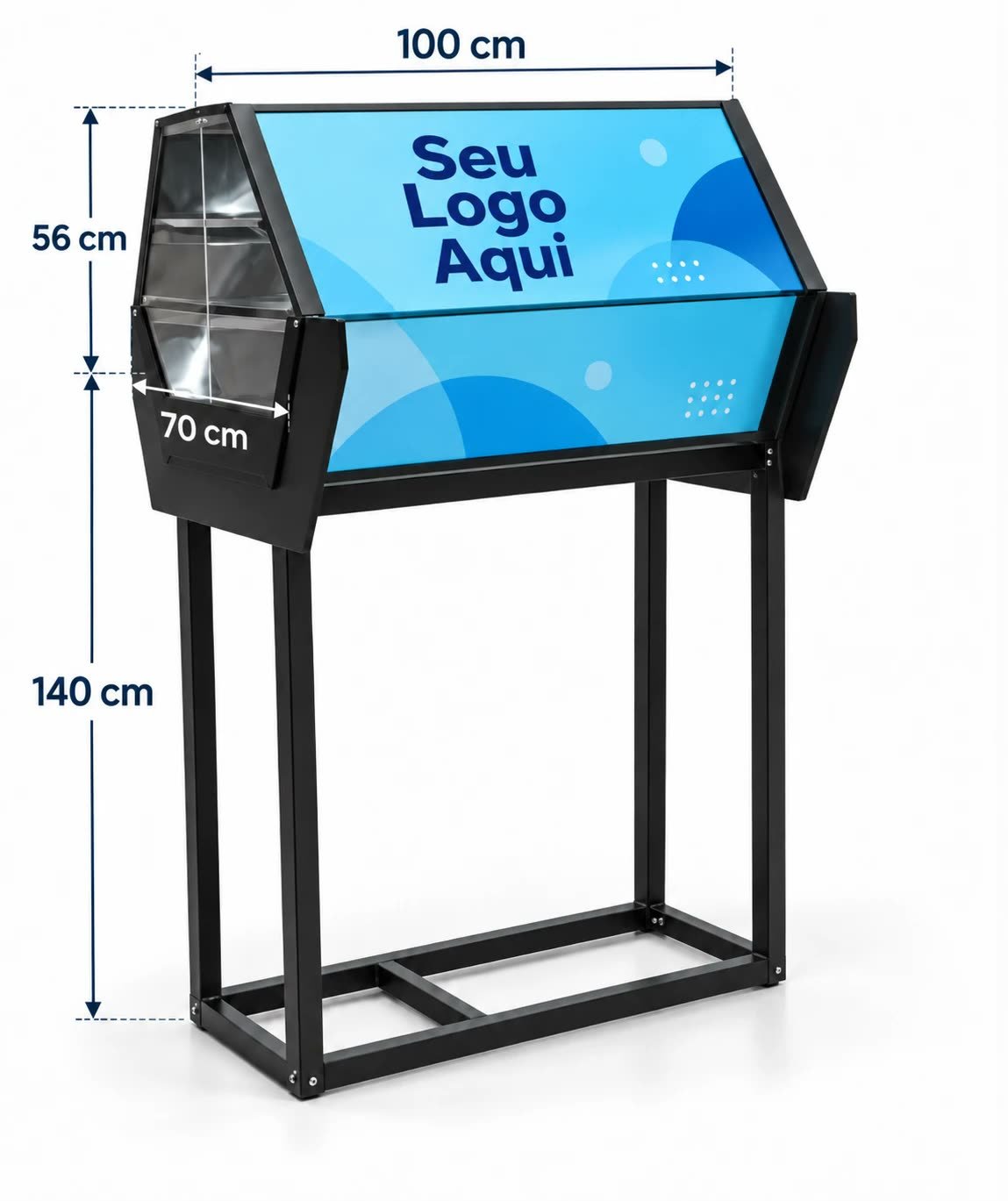 Caleidoscópio com as medidas: 100 cm de comprimento, 70 cm de abertura, base de 140 cm e corpo de 56 cm