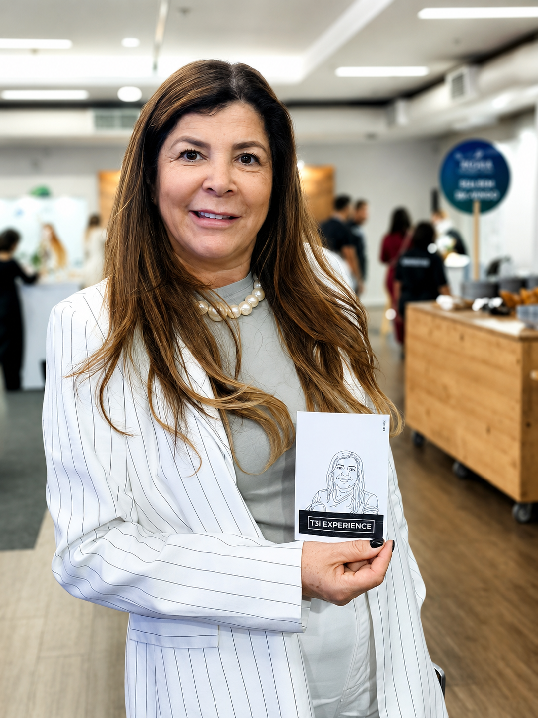 Participante segurando a caricatura pronta