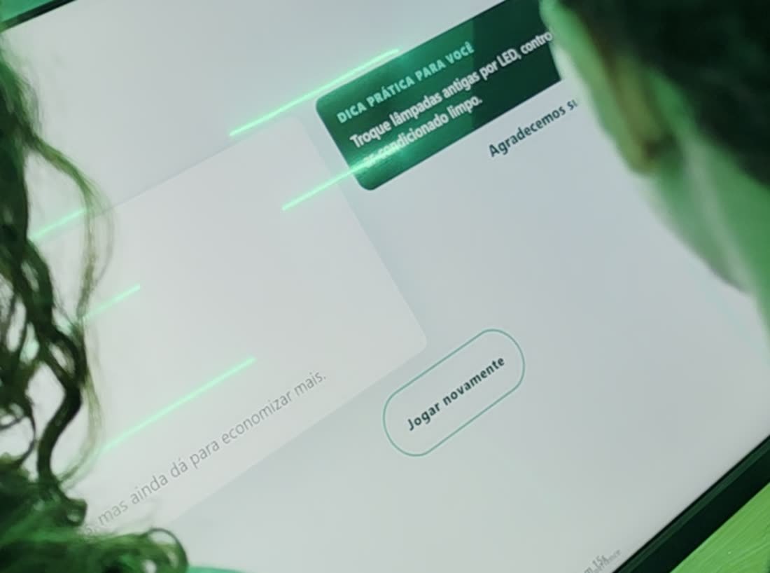 Tela de resultado do game com a caixa Dica prática para você e o botão de jogar novamente