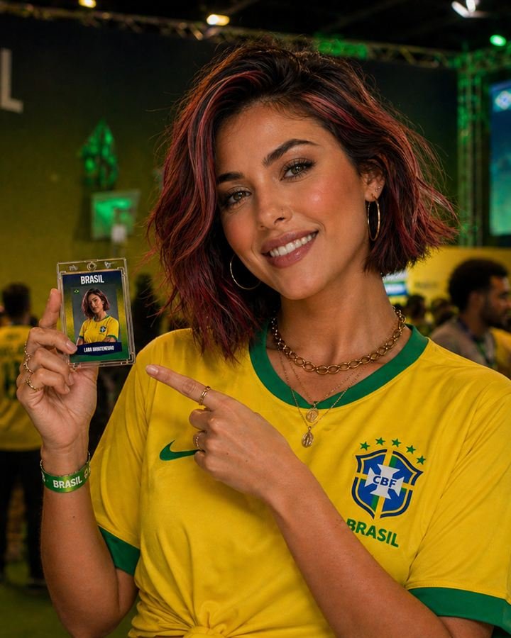 Participante segurando o próprio card colecionável gerado com IA