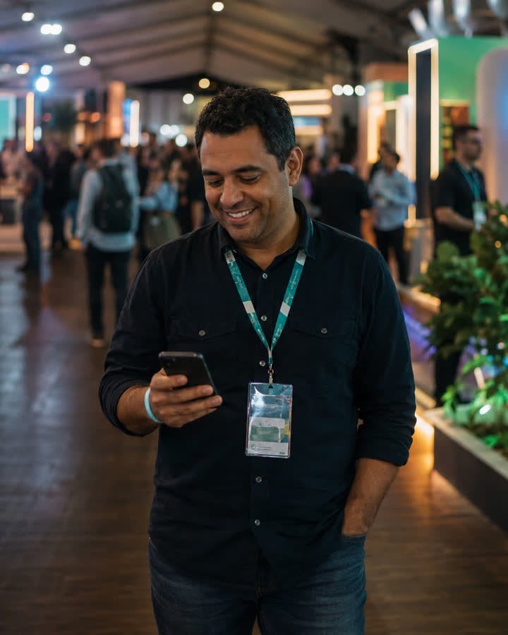 Participante acompanhando a fila pelo celular enquanto circula pelo evento
