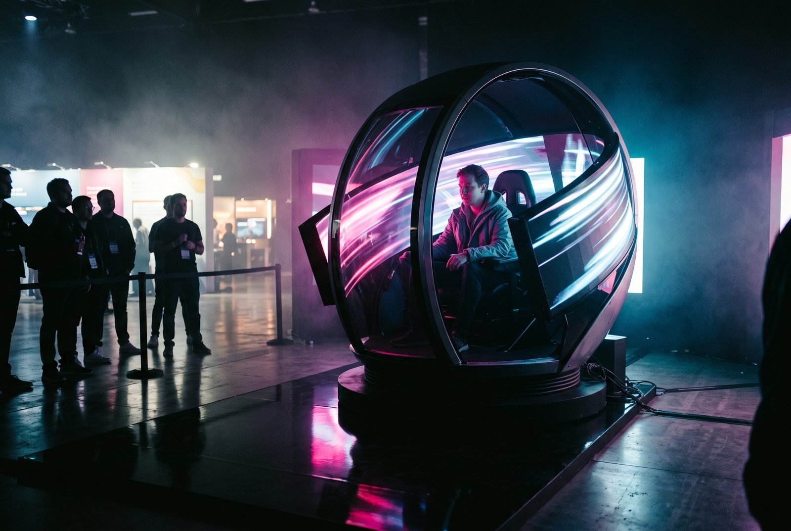 Participante dentro de uma cabine imersiva de marca cercada por telas de LED em um evento