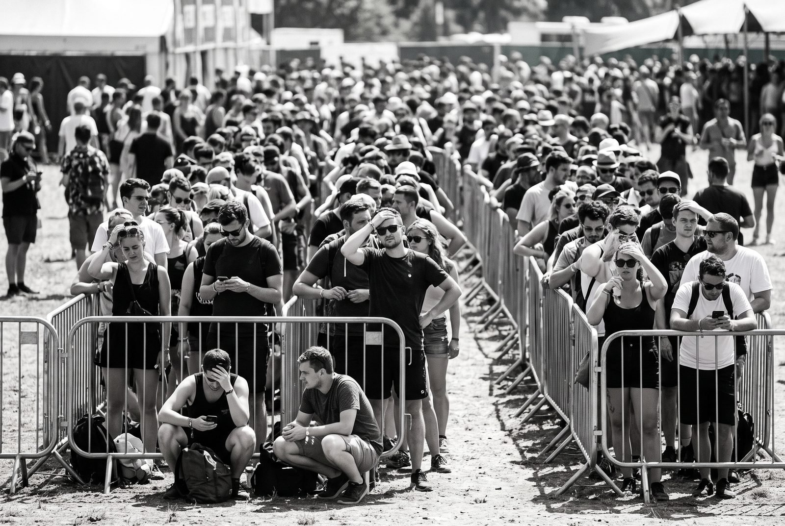 Fila física longa entre grades em um evento ao ar livre, com pessoas cansadas olhando o celular