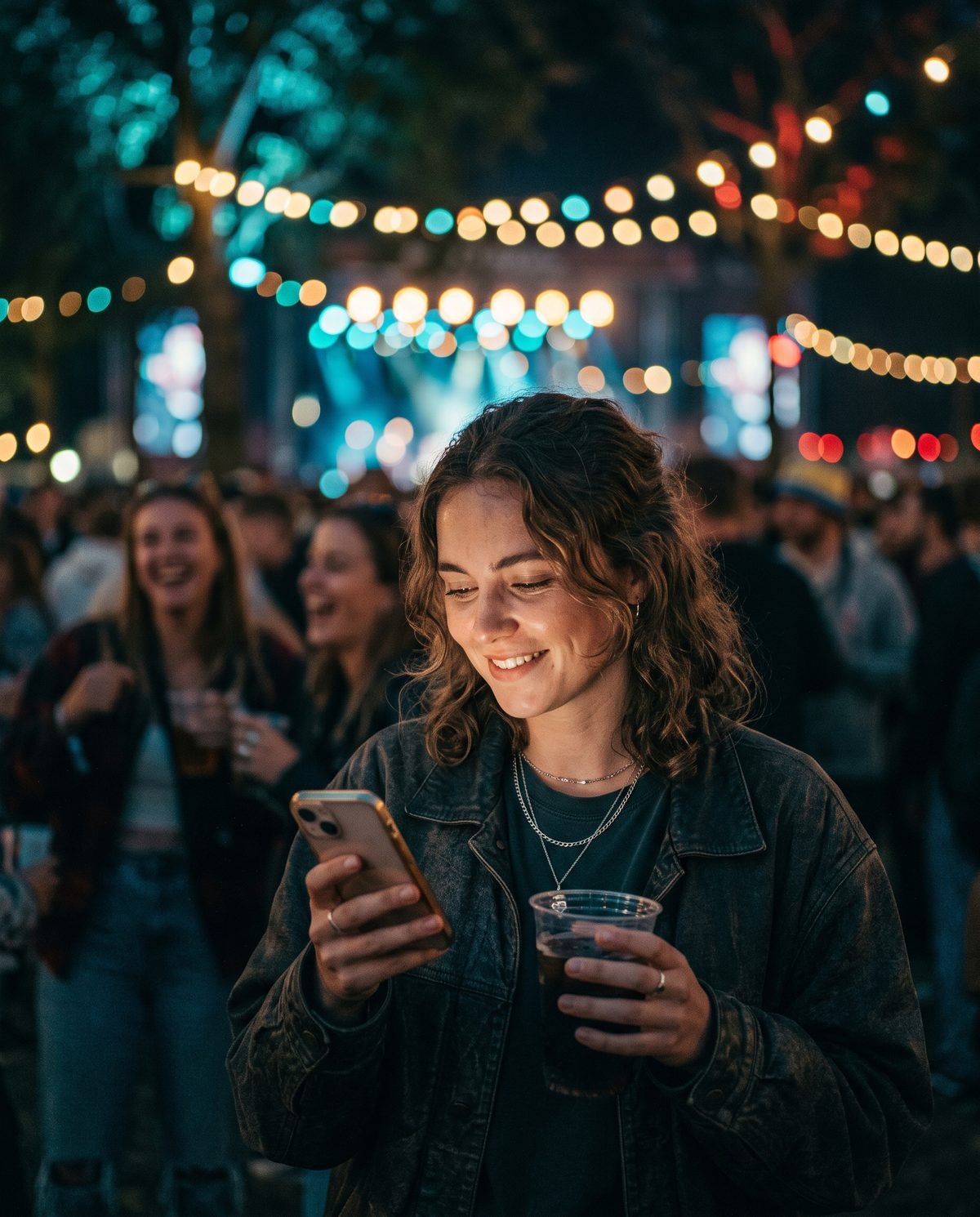 Participante em meio ao público de um festival olhando a tela do celular e sorrindo