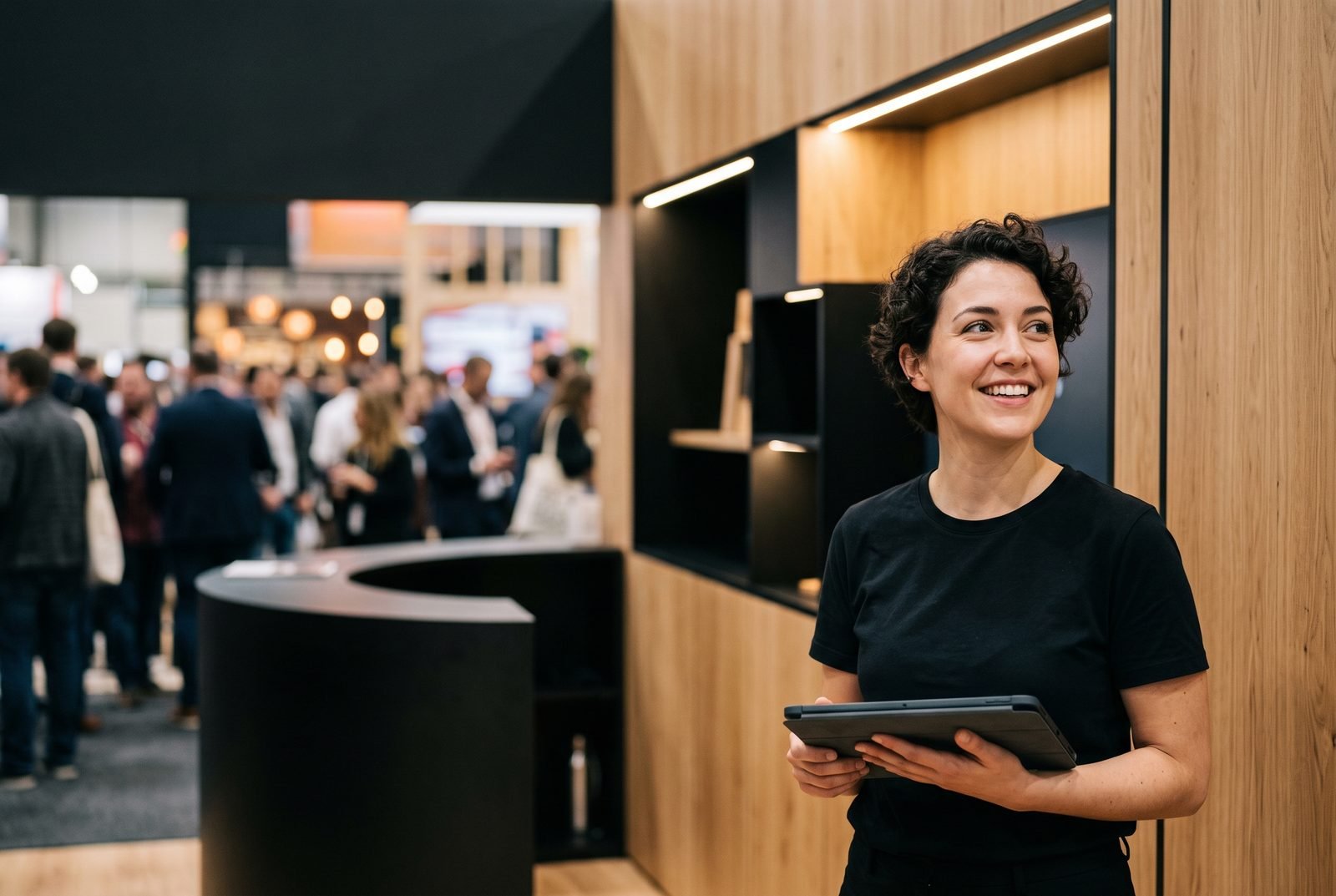 Anfitriã de evento com tablet nas mãos recebendo um visitante em um estande de marca iluminado