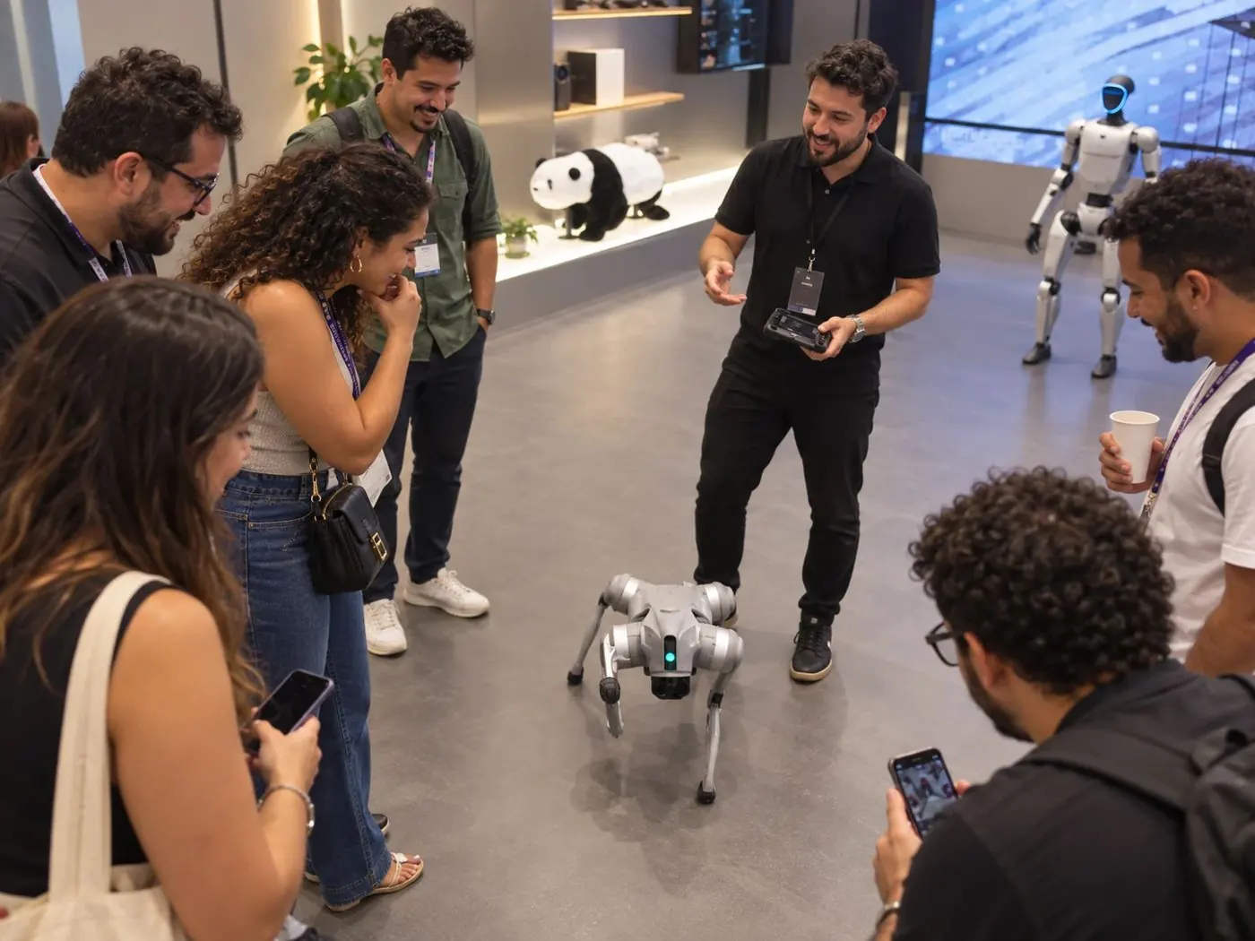 Operador de T3i conduce el Titan Perro Robot en medio de una ronda de participantes