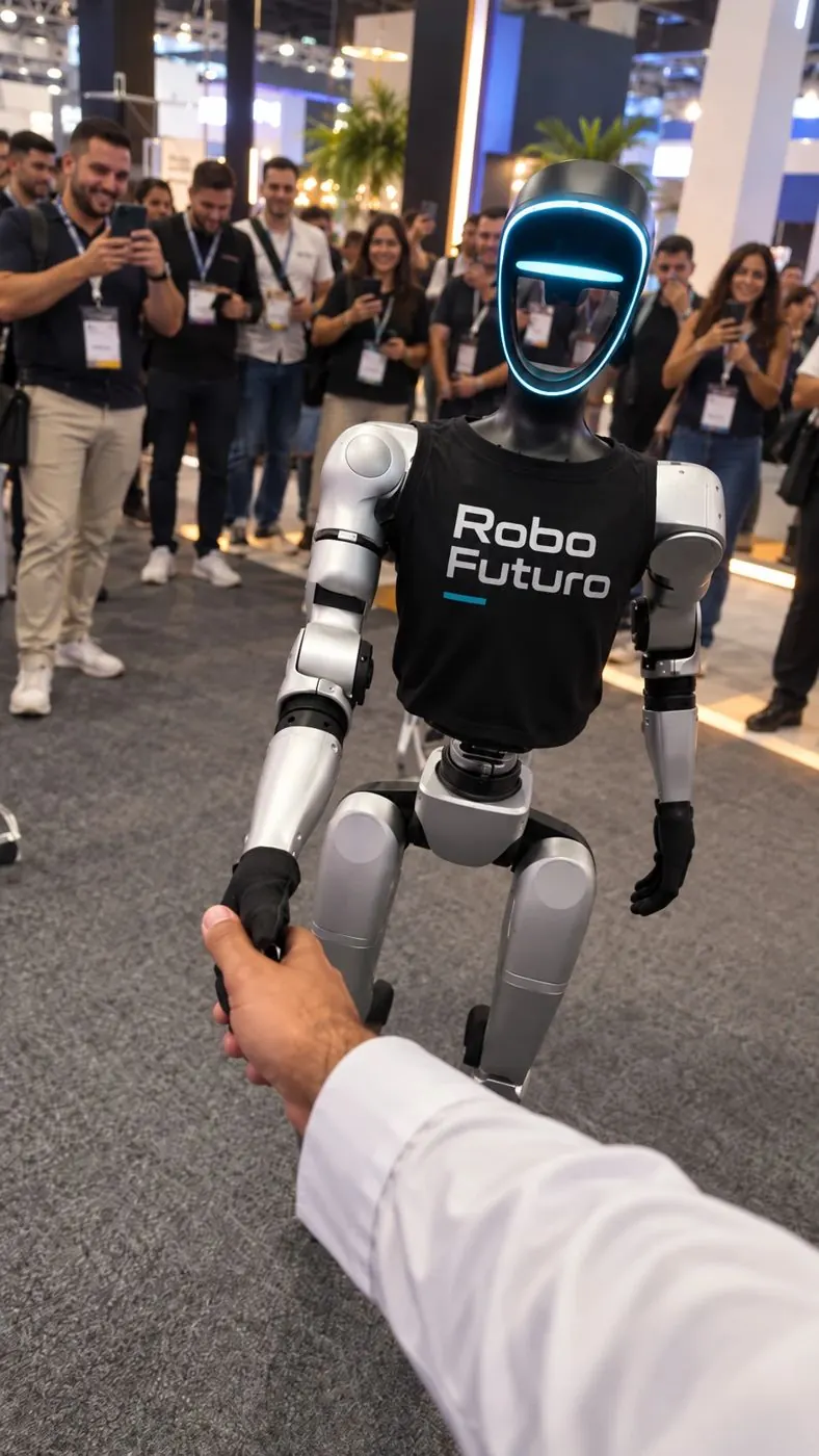 Humanoide G1 con camiseta personalizada saluda a un participante, con el público filmando al fondo