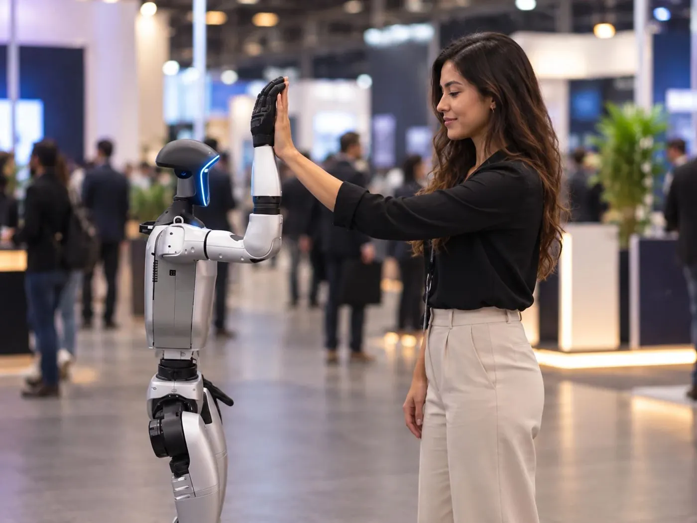 Participante choca la mano con el Humanoide G1 en un pasillo del evento