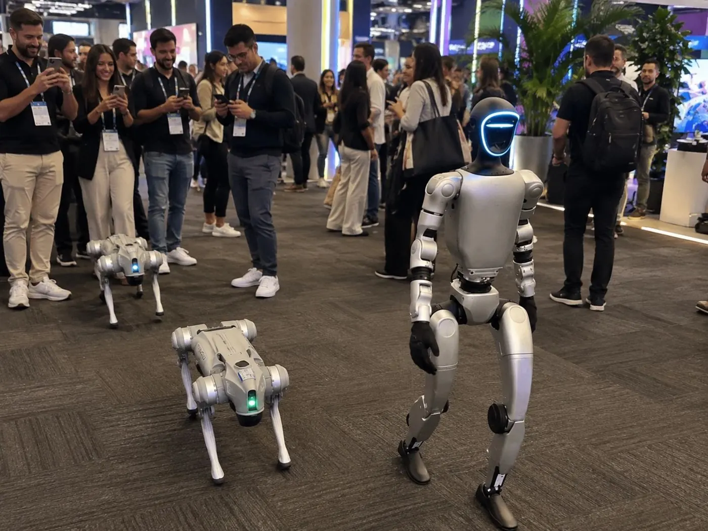 Dos perros robot y el Humanoide G1 recorren el lugar entre participantes que filman