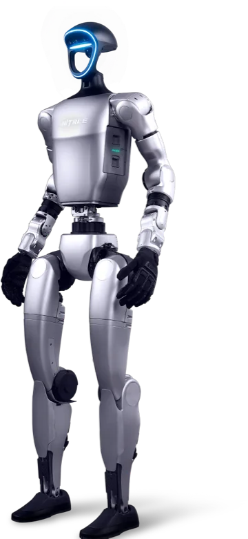Humanoide G1, robot plateado con rostro de luz azul