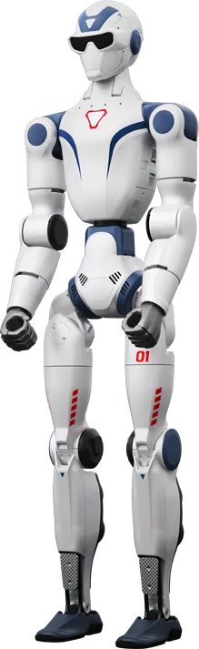 Humanoide R1, robot blanco con detalles azules y lentes oscuros