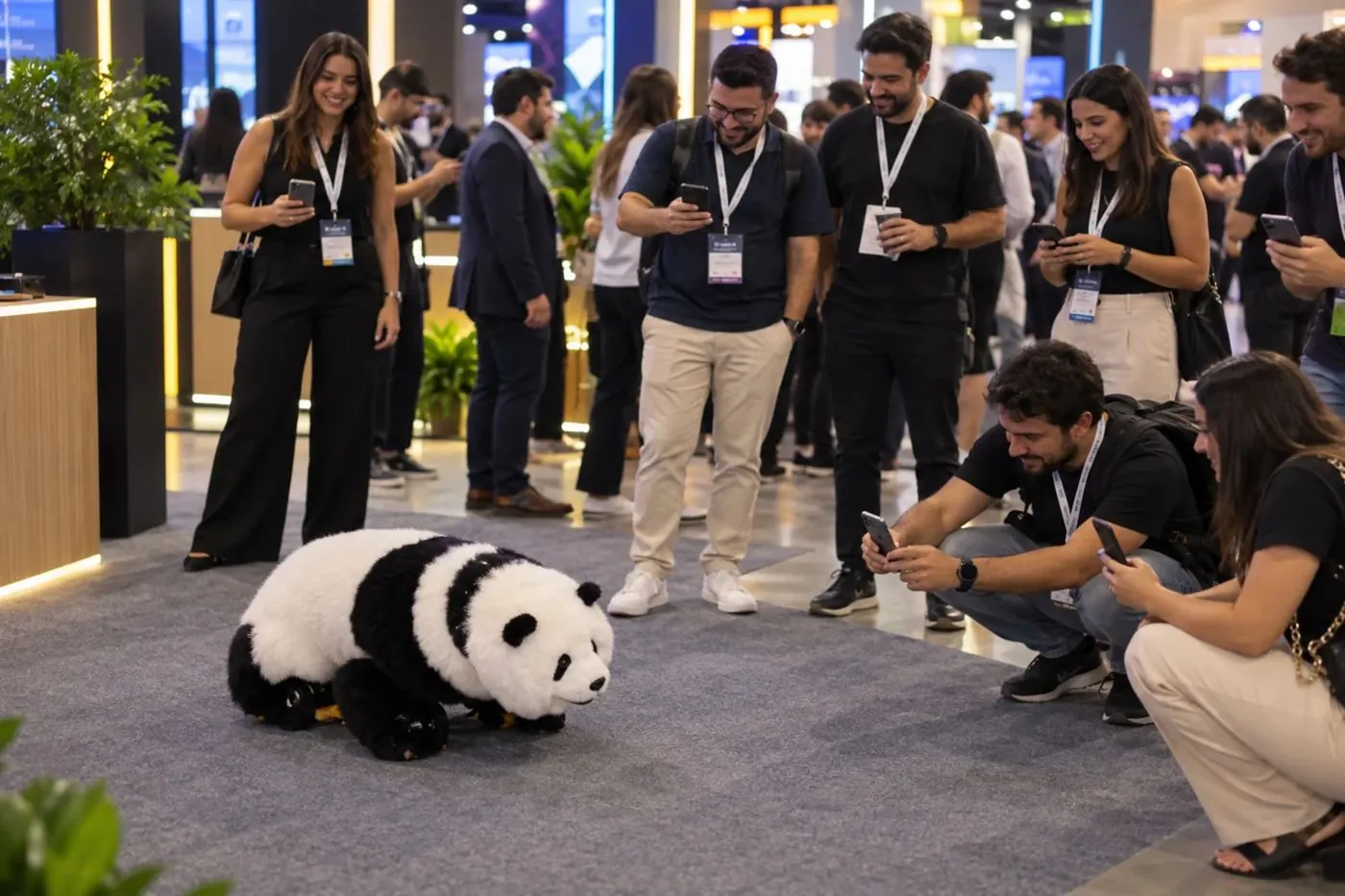 Pooh Panda Robot camina sobre la alfombra del evento mientras los participantes se agachan para filmar