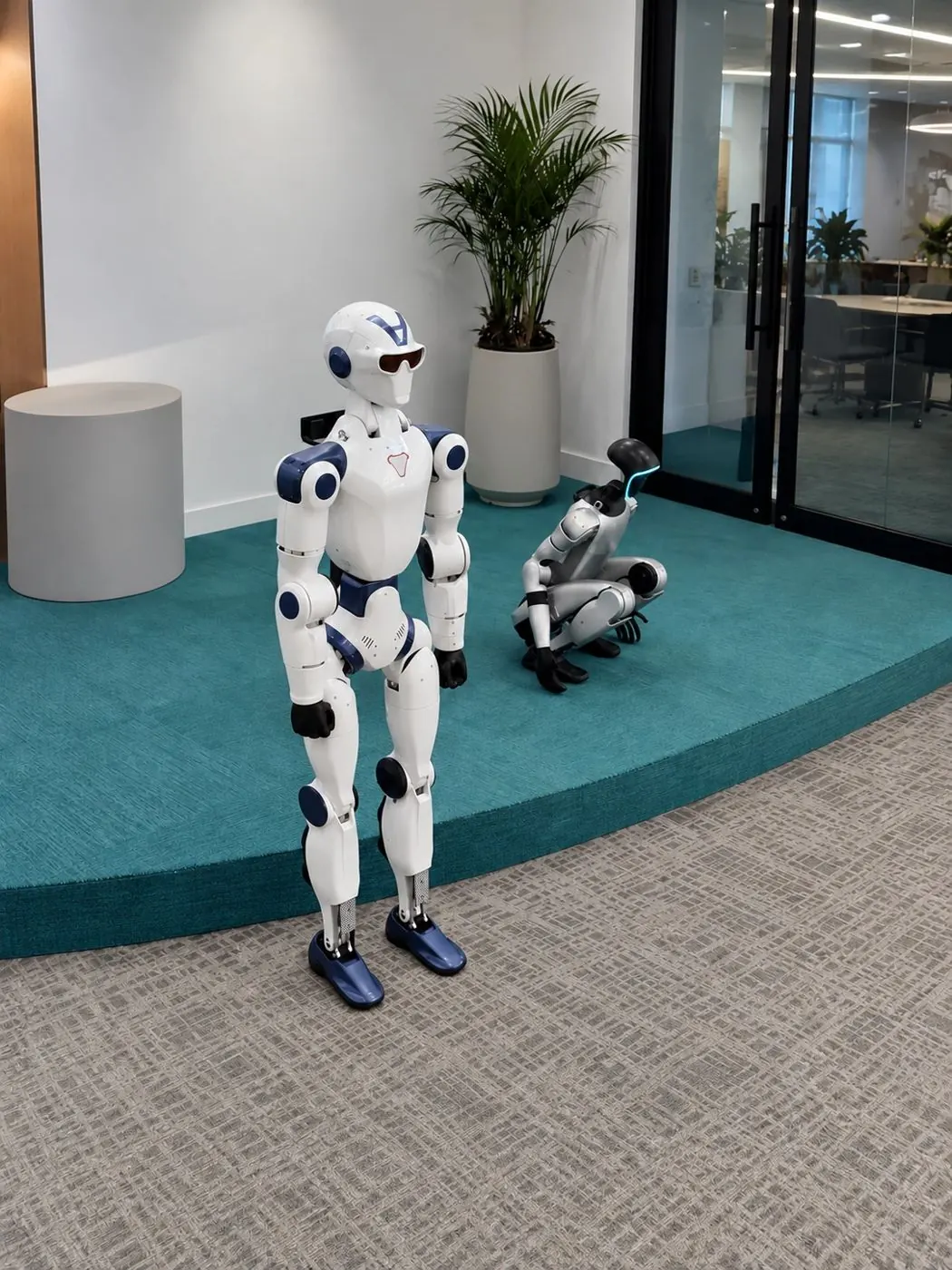 Humanoide R1 de pie y Humanoide G1 agachado en un espacio corporativo