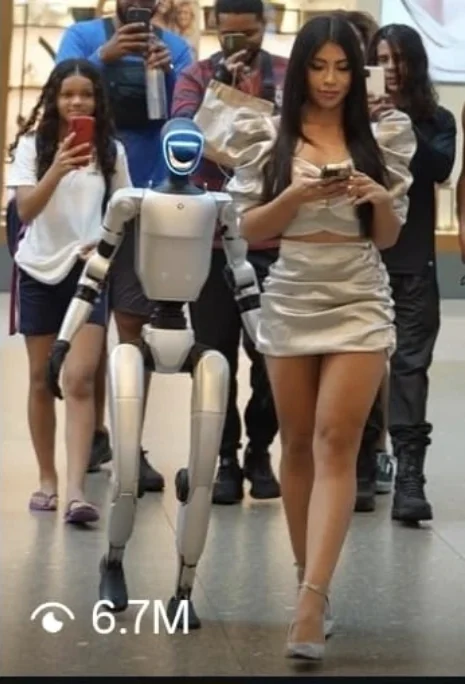 Una influencer camina con el Humanoide G1 de T3i en un centro comercial, con el público grabando detrás